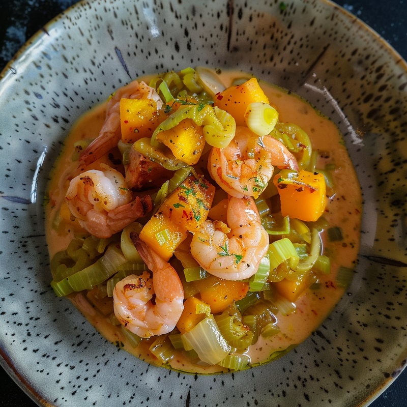 Cajun Prawns with Pumpkin and Leeks