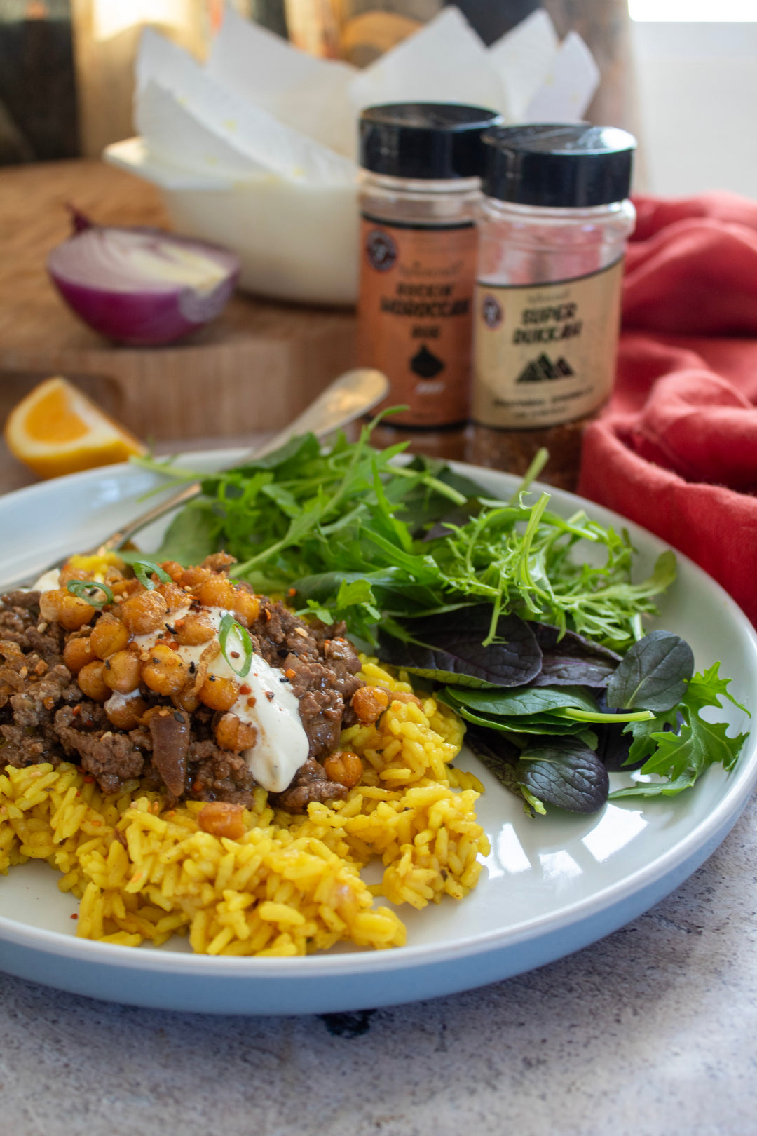 Moroccan Lamb and Spiced Rice with Crispy Fried Chickpeas