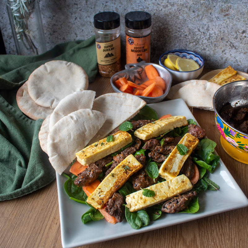 Dukkah-Crusted Lamb and Rockin’ Moroccan Halloumi Pitas