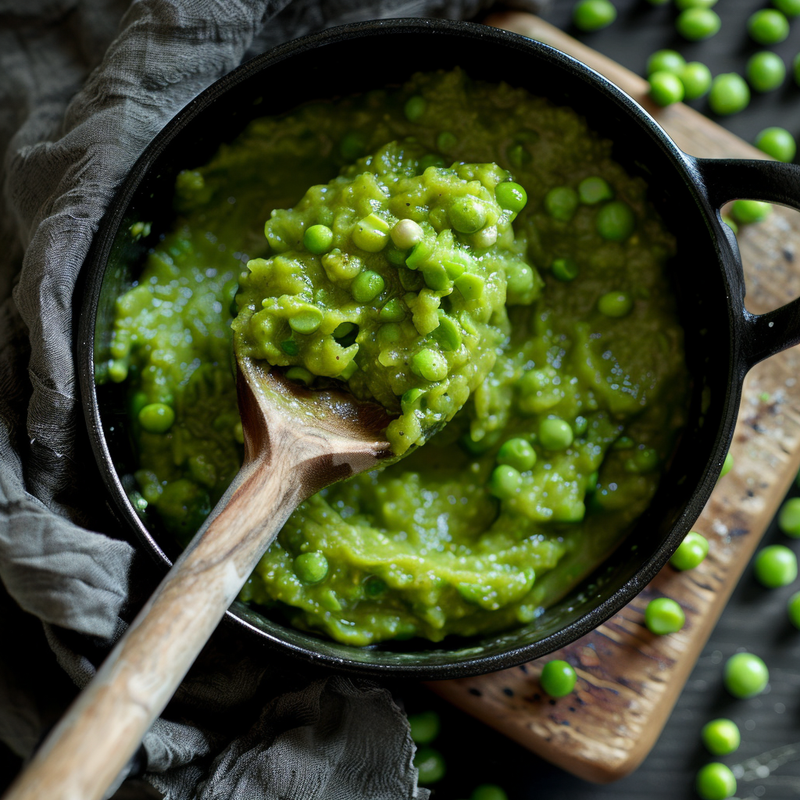 Smashed Peas with Lamb Salt Rocks