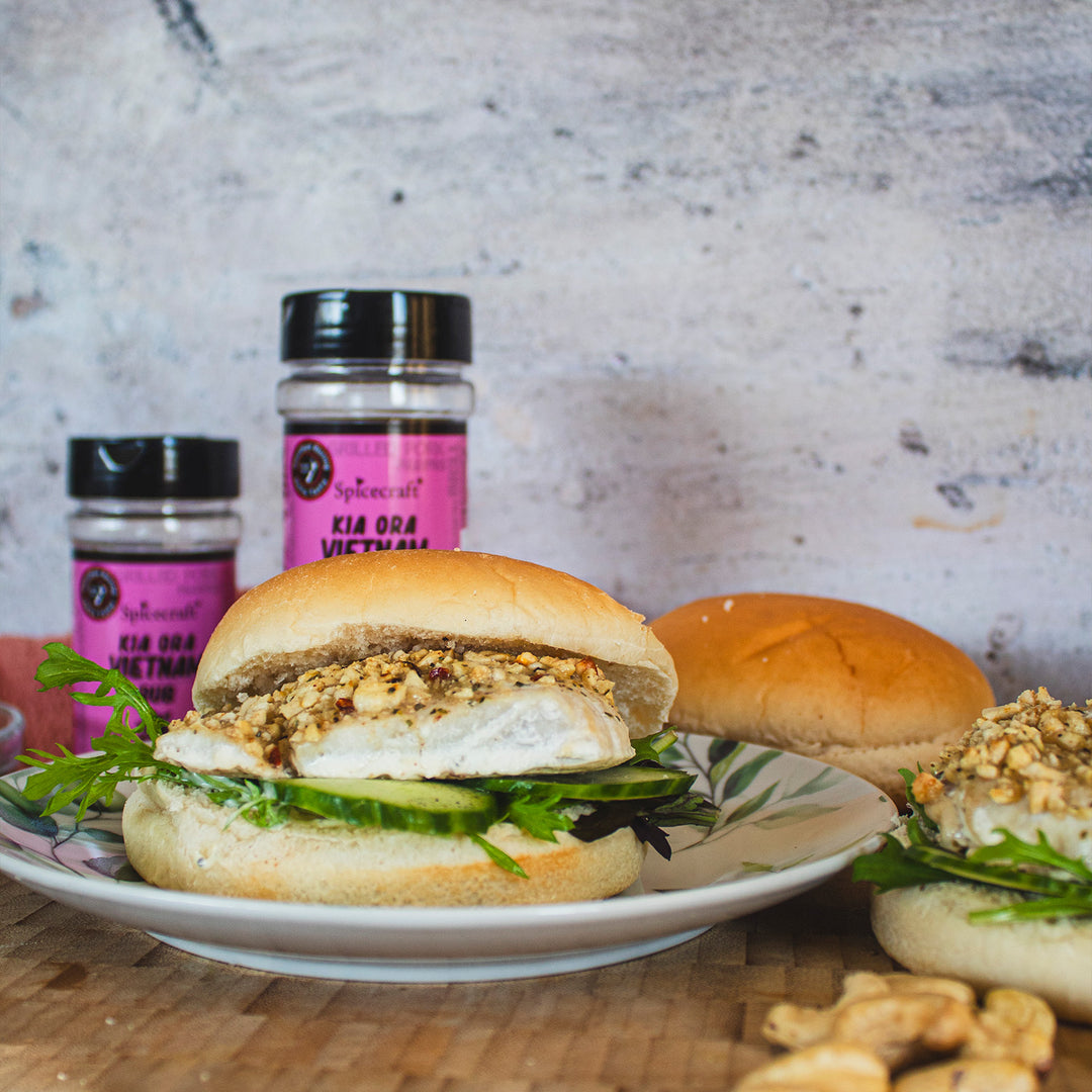 Vietnamese Cashew-Crusted Fish Burgers with Spicy Mayo